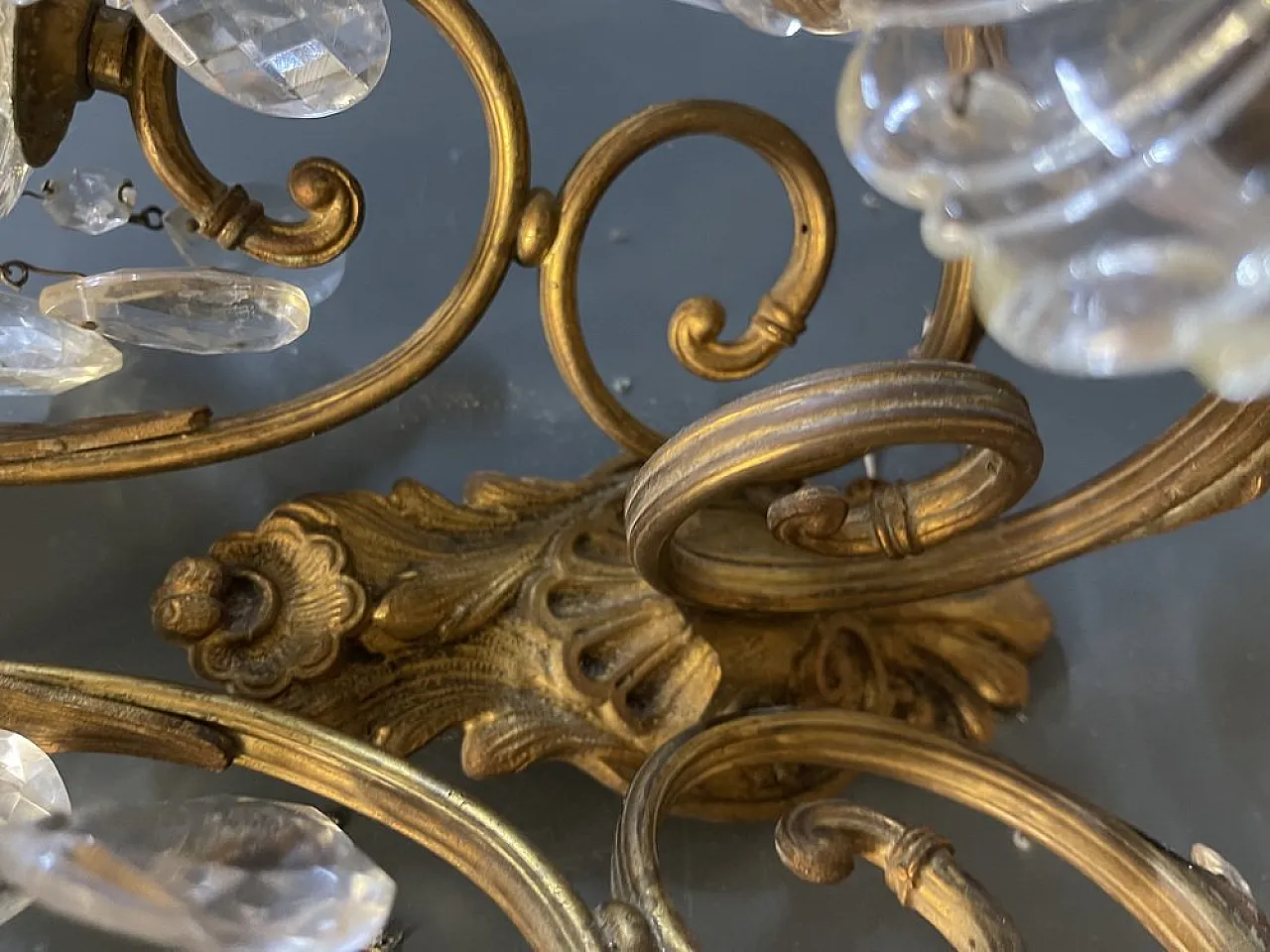 Pair of large bronze and crystal wall sconces, Italy, 1950s 9