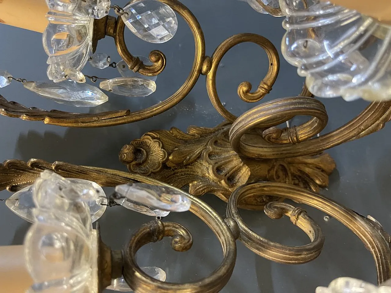 Pair of large bronze and crystal wall sconces, Italy, 1950s 10