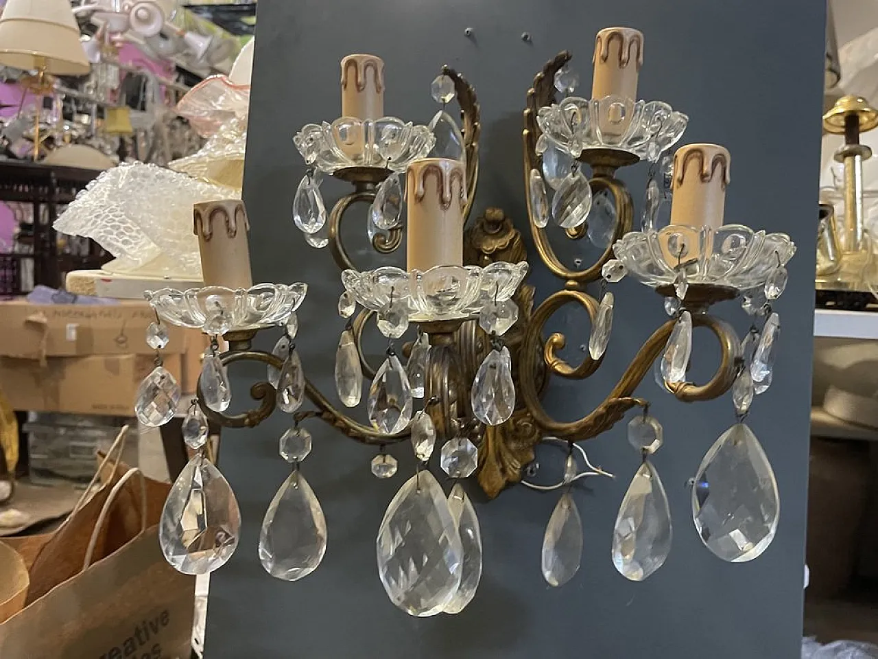 Pair of large bronze and crystal wall sconces, Italy, 1950s 11