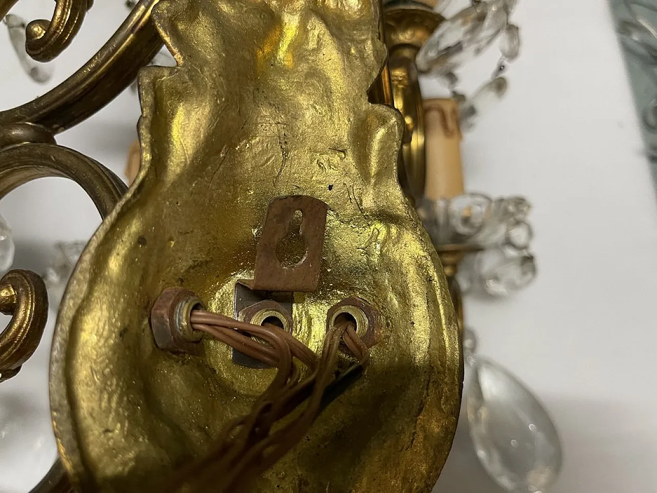 Pair of large bronze and crystal wall sconces, Italy, 1950s 12