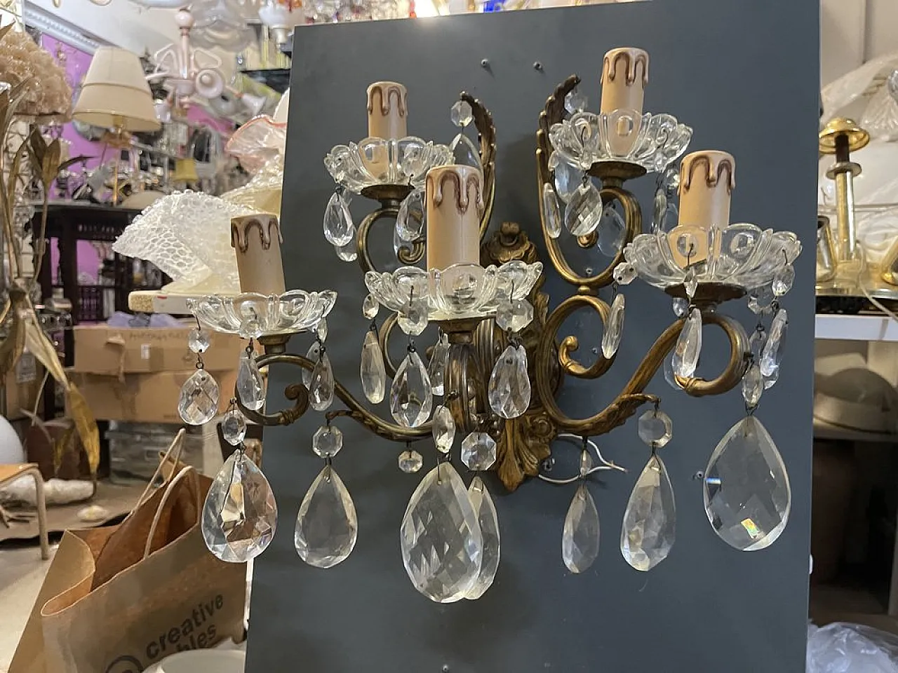 Pair of large bronze and crystal wall sconces, Italy, 1950s 13