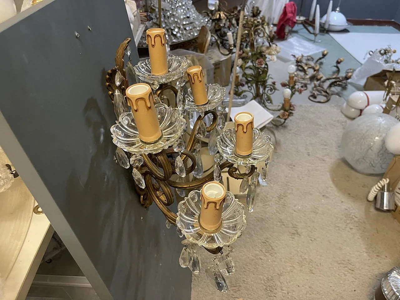 Pair of large bronze and crystal wall sconces, Italy, 1950s 14