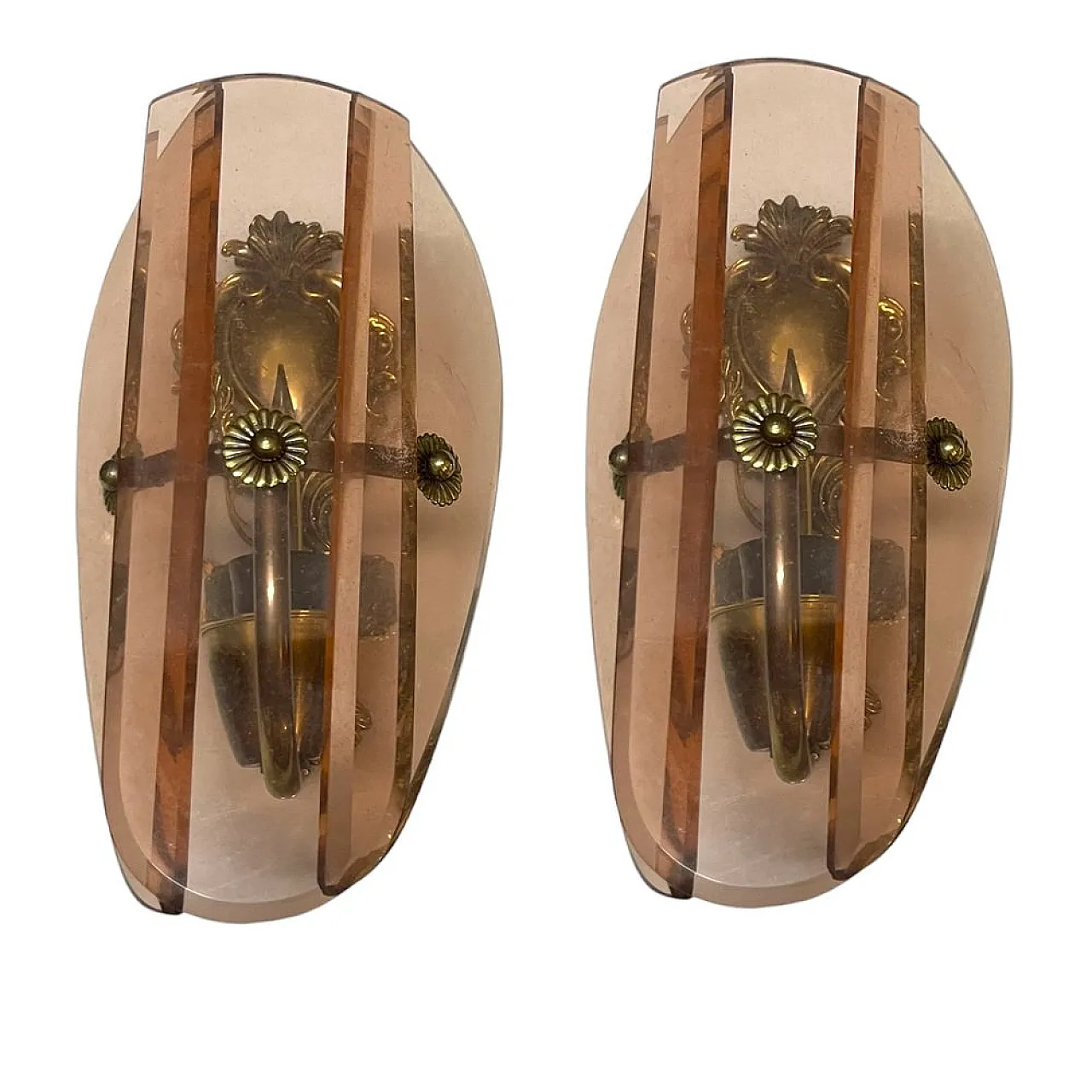 Pair of Italian bronze and pink glass sconce, 1950s 1