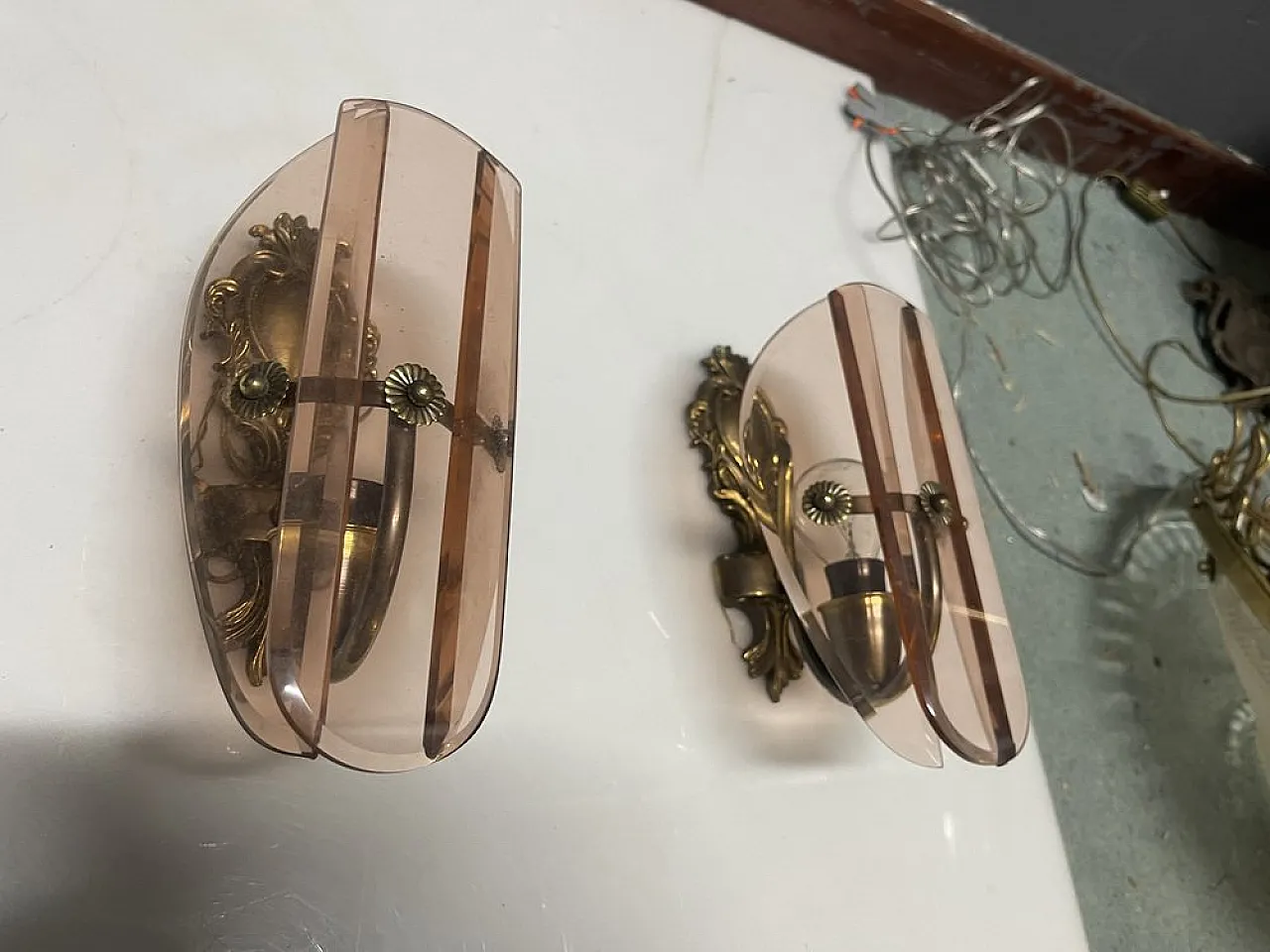 Pair of Italian bronze and pink glass sconce, 1950s 8