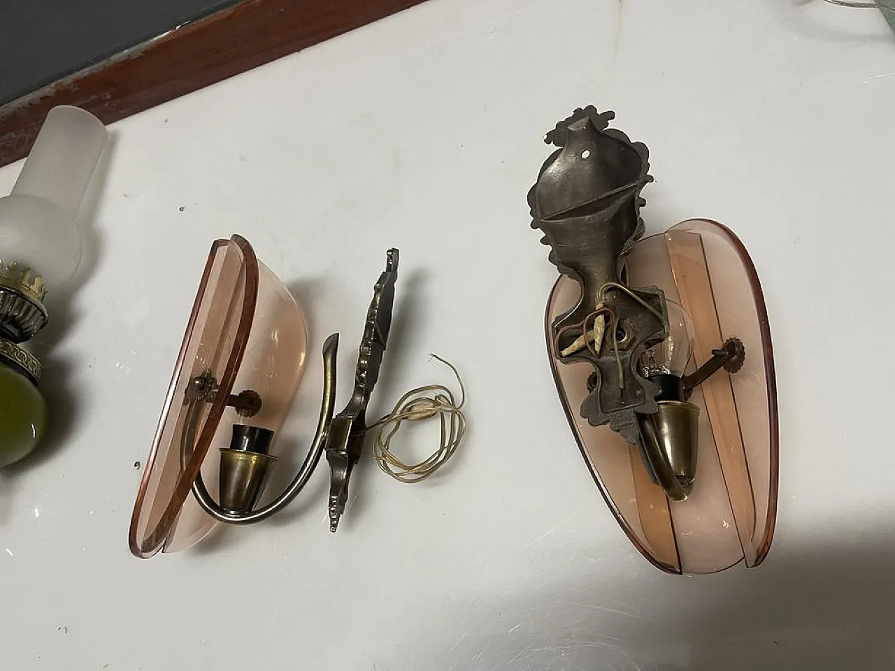 Pair of Italian bronze and pink glass sconce, 1950s 9