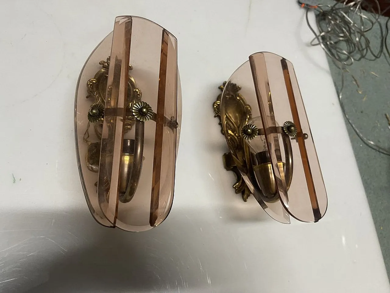Pair of Italian bronze and pink glass sconce, 1950s 10