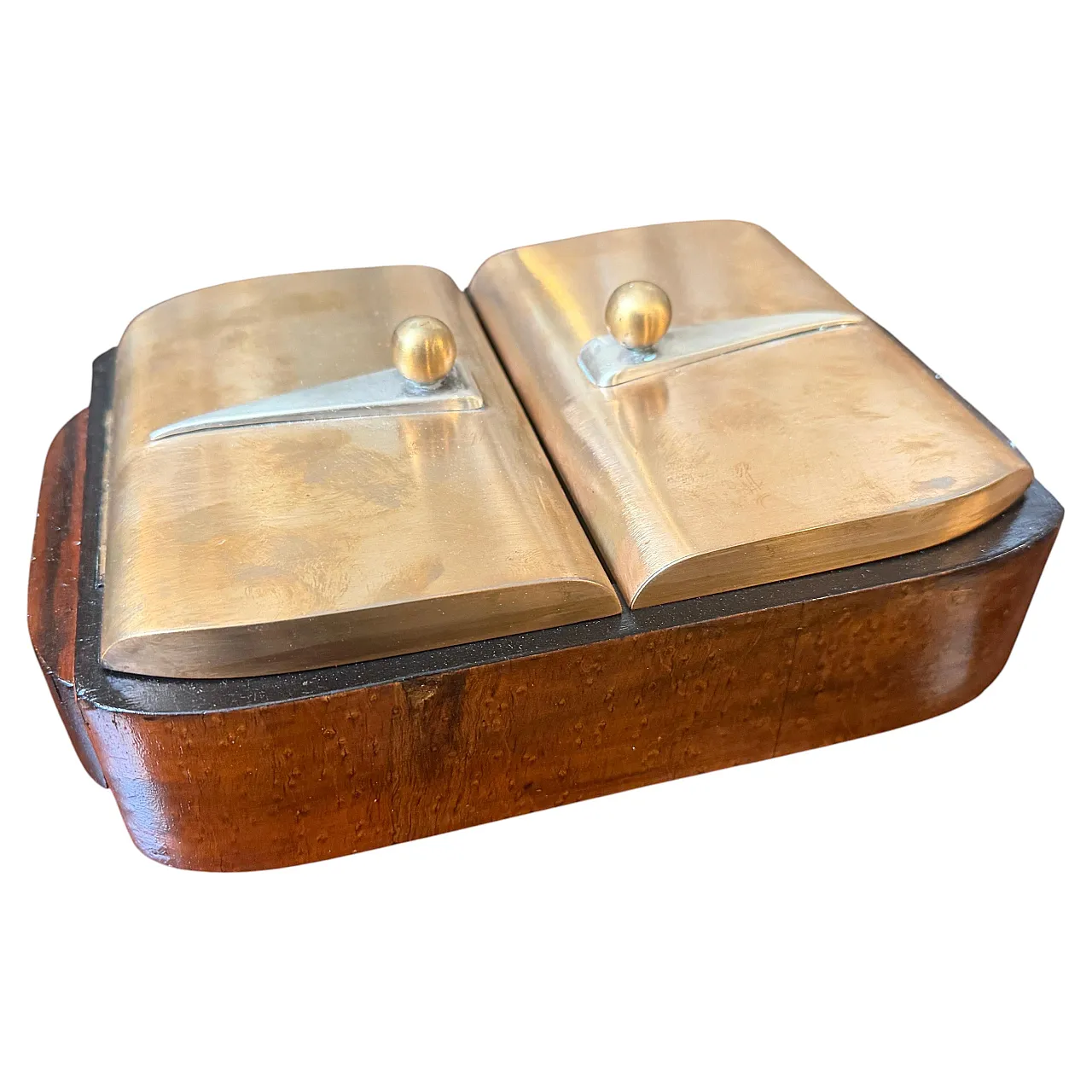 Art Deco wood brass and sterling silver cigarette box, 1930s 1