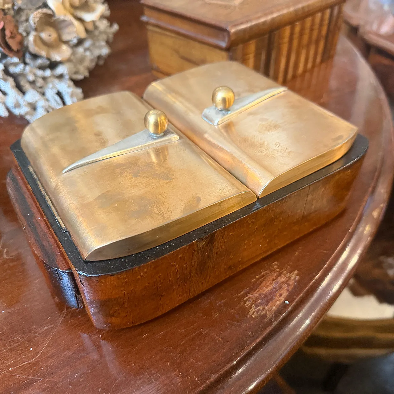 Art Deco wood brass and sterling silver cigarette box, 1930s 3