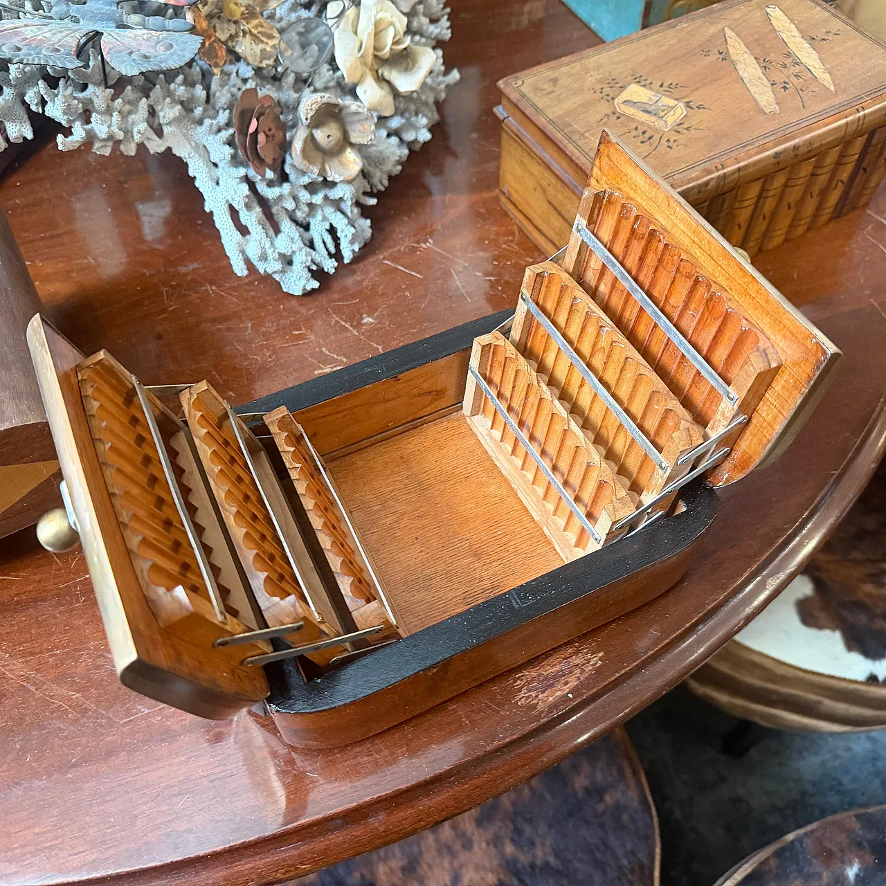 Art Deco wood brass and sterling silver cigarette box, 1930s 4
