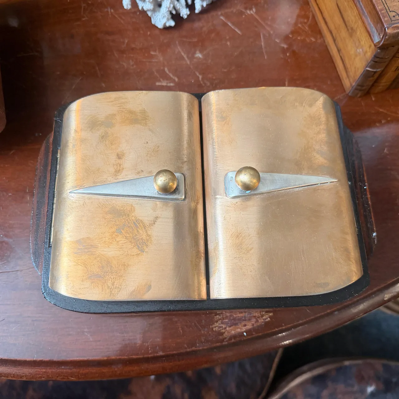 Art Deco wood brass and sterling silver cigarette box, 1930s 6
