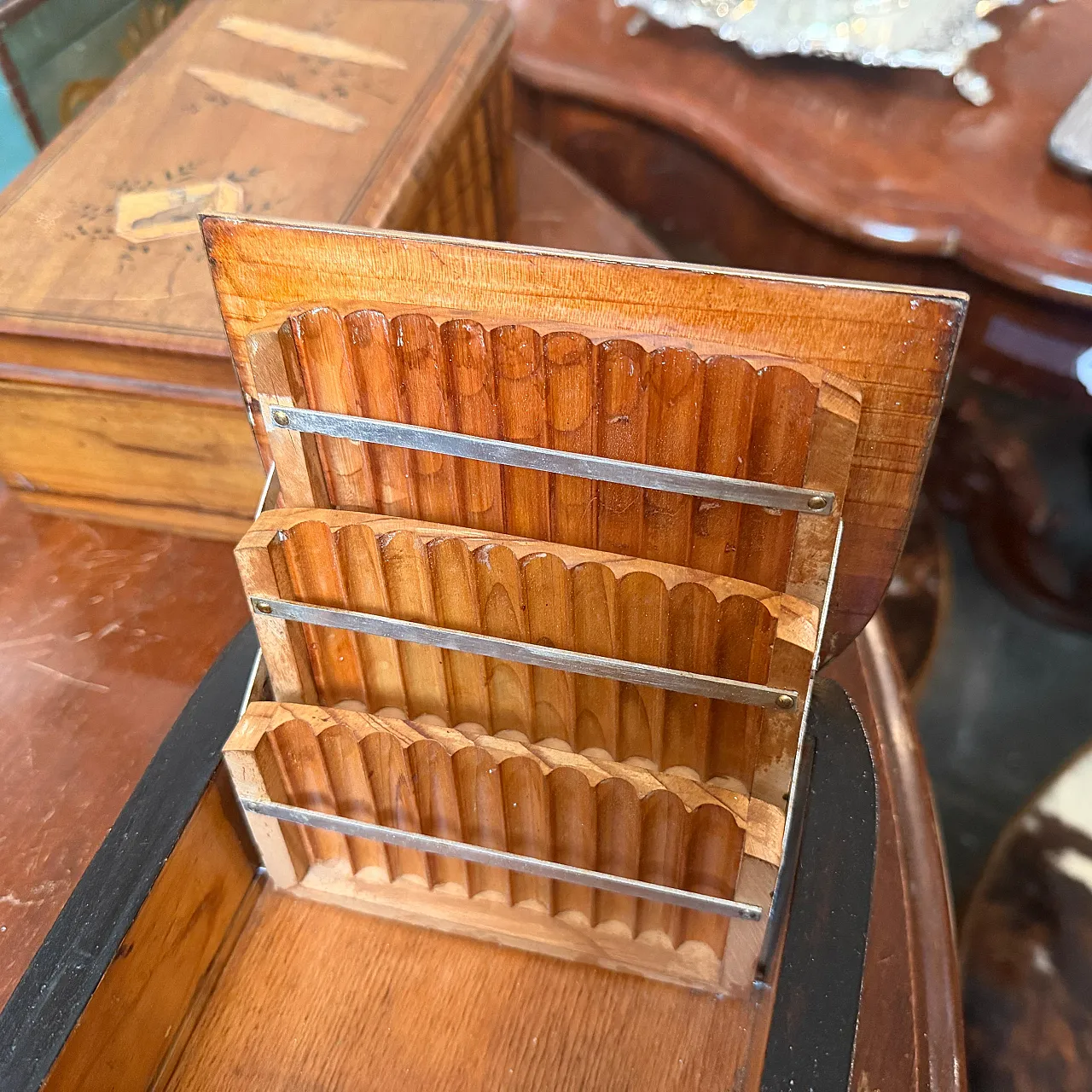 Art Deco wood brass and sterling silver cigarette box, 1930s 7