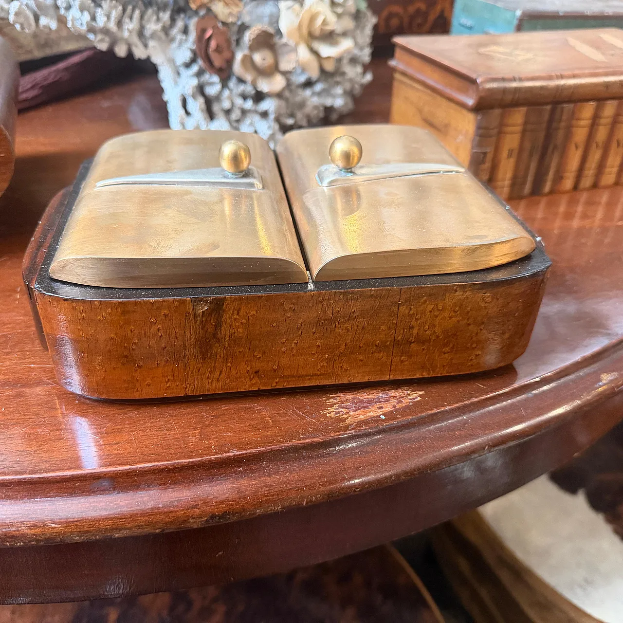 Art Deco wood brass and sterling silver cigarette box, 1930s 9