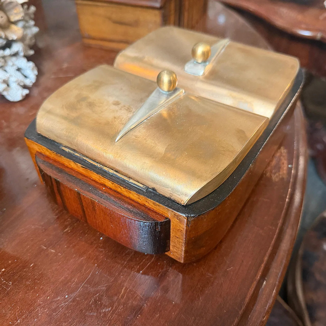 Art Deco wood brass and sterling silver cigarette box, 1930s 11