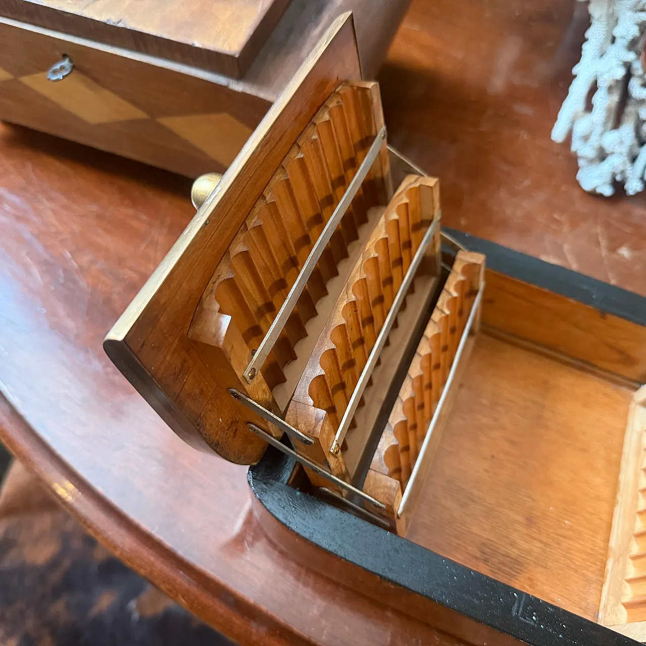 Art Deco wood brass and sterling silver cigarette box, 1930s 12
