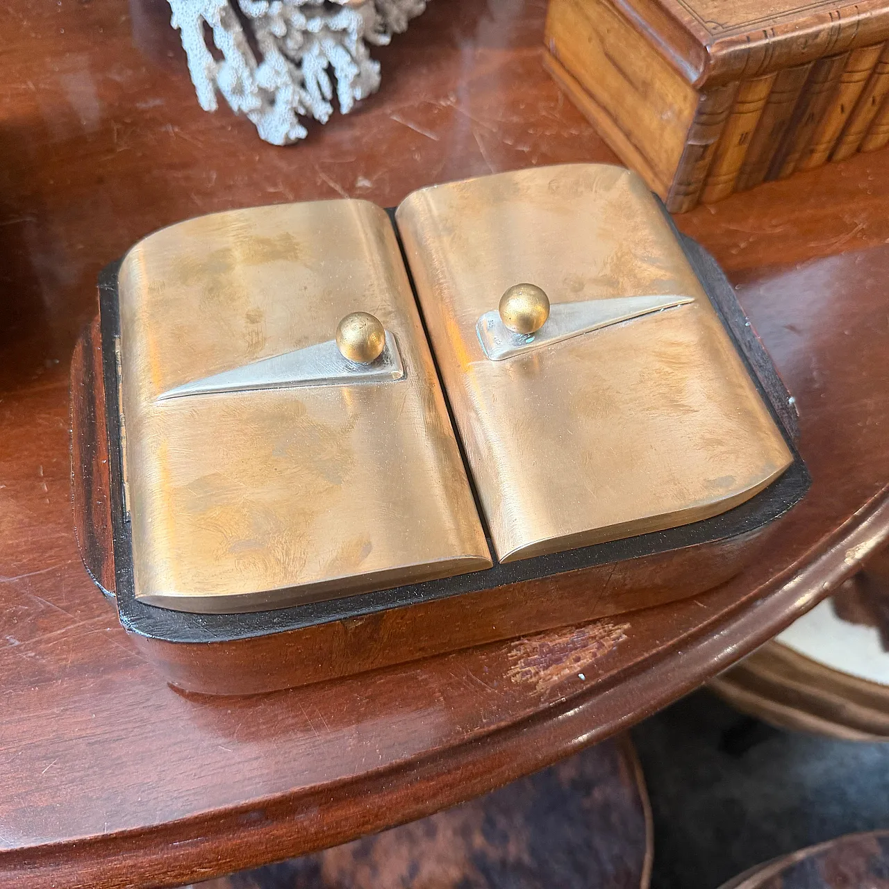 Art Deco wood brass and sterling silver cigarette box, 1930s 14