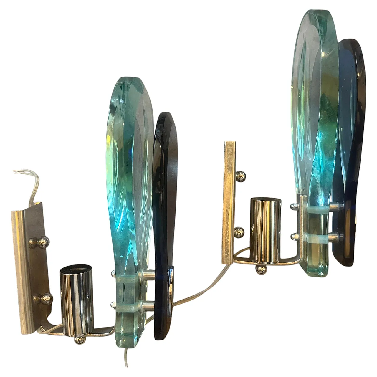 Steel and blue and verde Nilo glass wall sconces by Veca, 1960s 1
