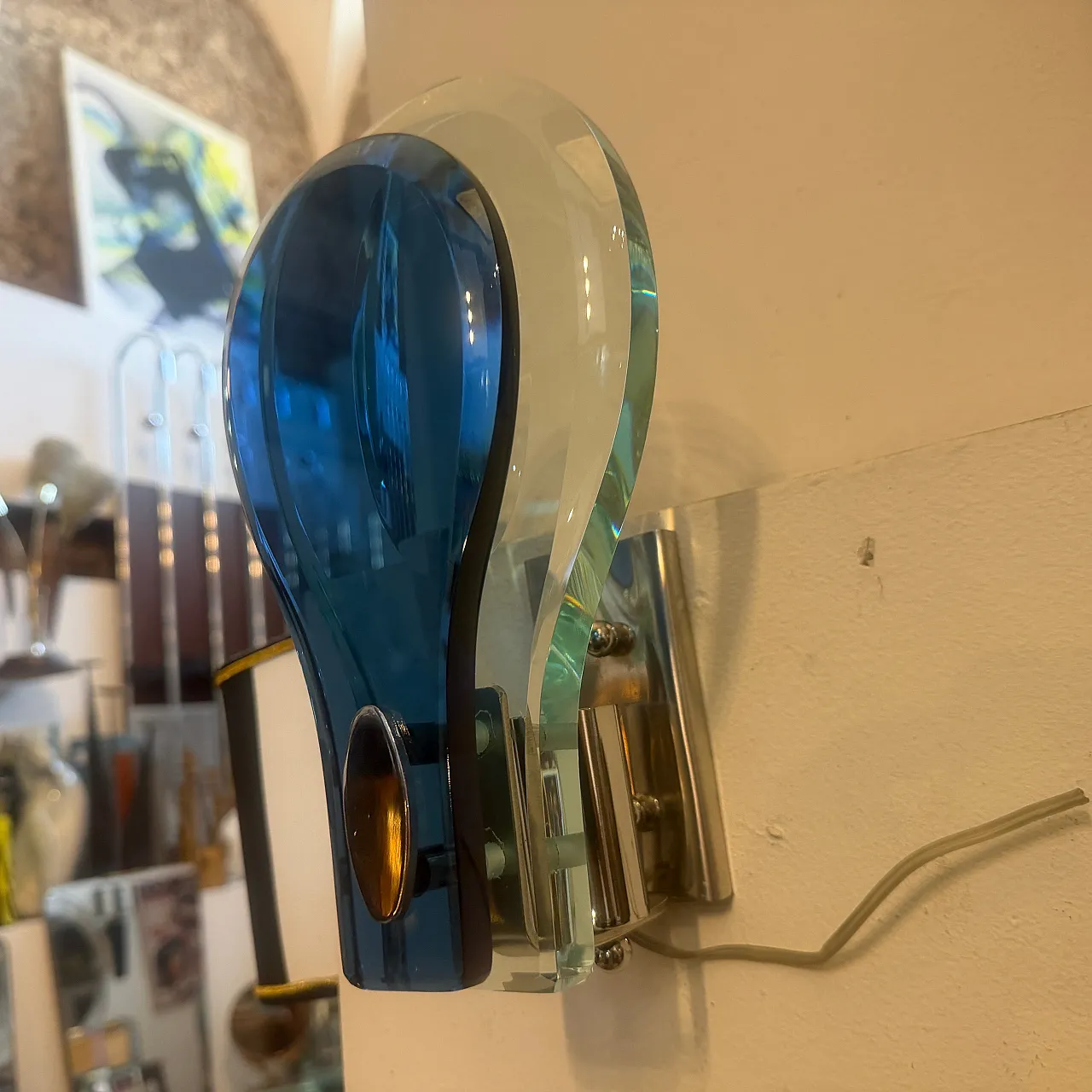 Steel and blue and verde Nilo glass wall sconces by Veca, 1960s 2