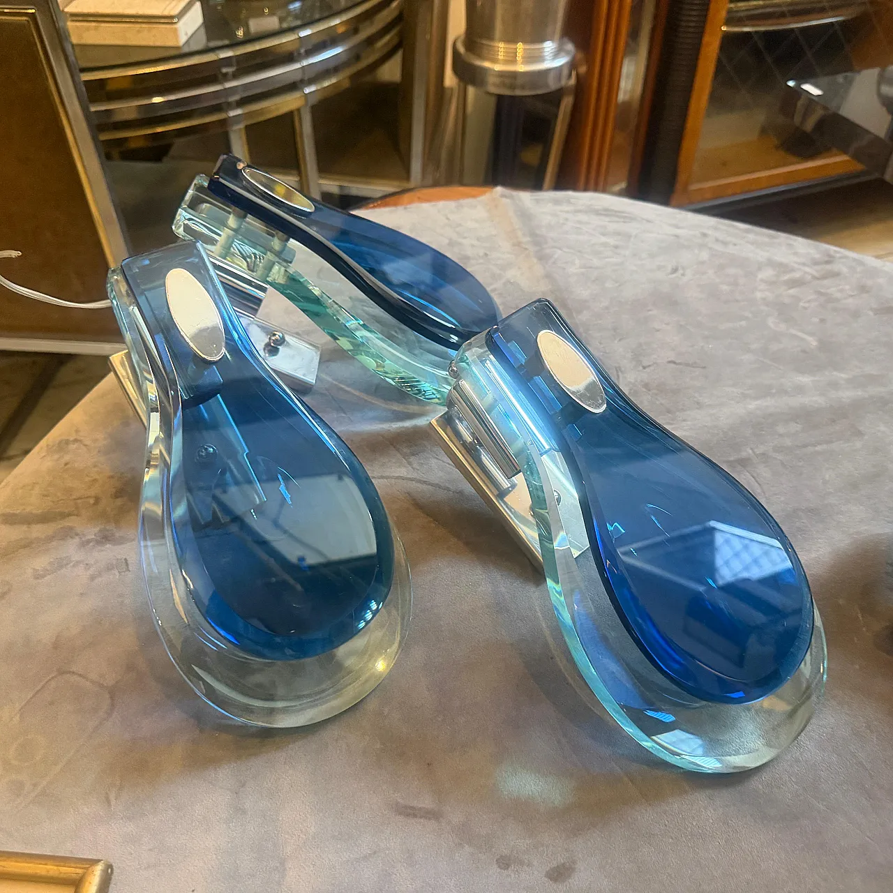 Steel and blue and verde Nilo glass wall sconces by Veca, 1960s 4