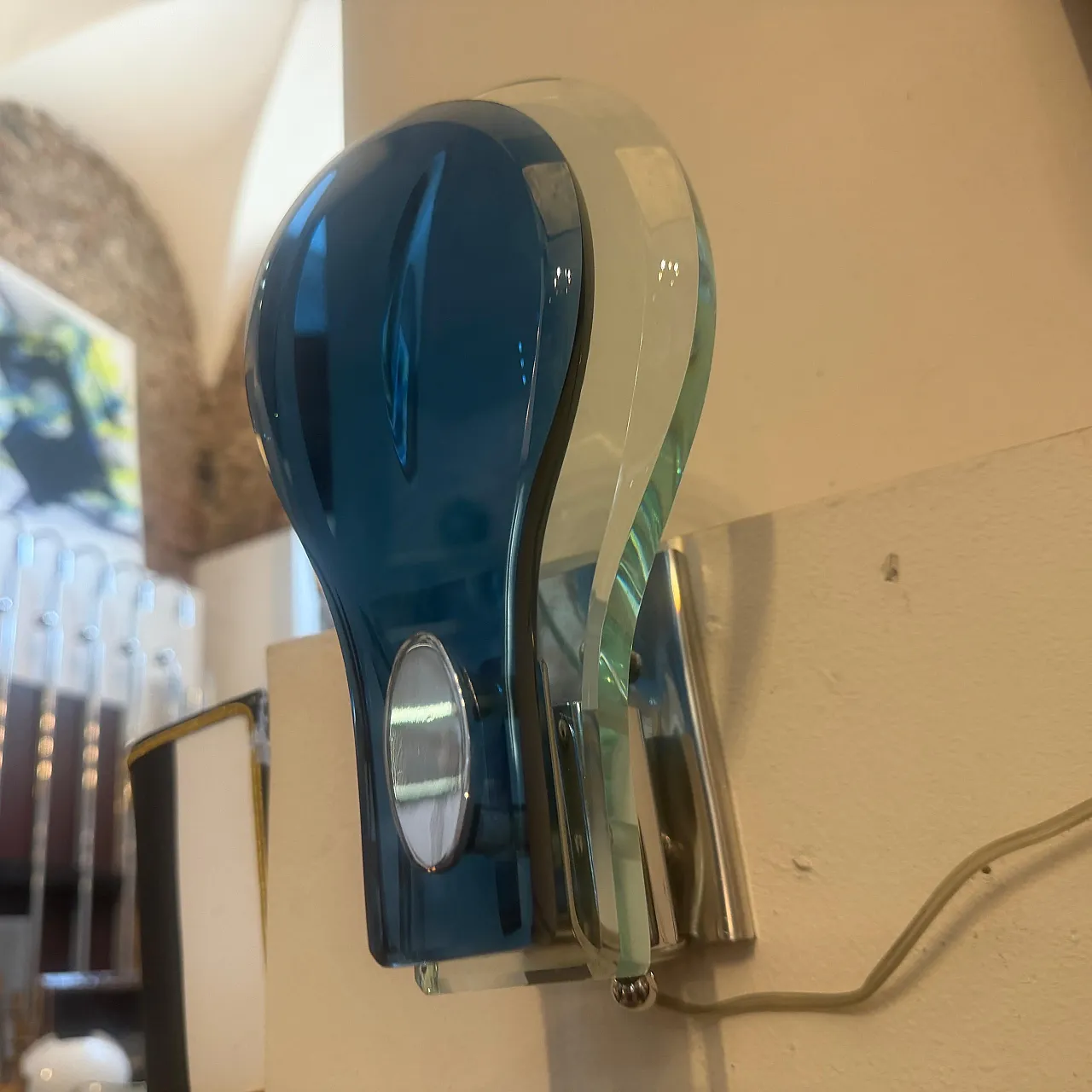 Steel and blue and verde Nilo glass wall sconces by Veca, 1960s 6