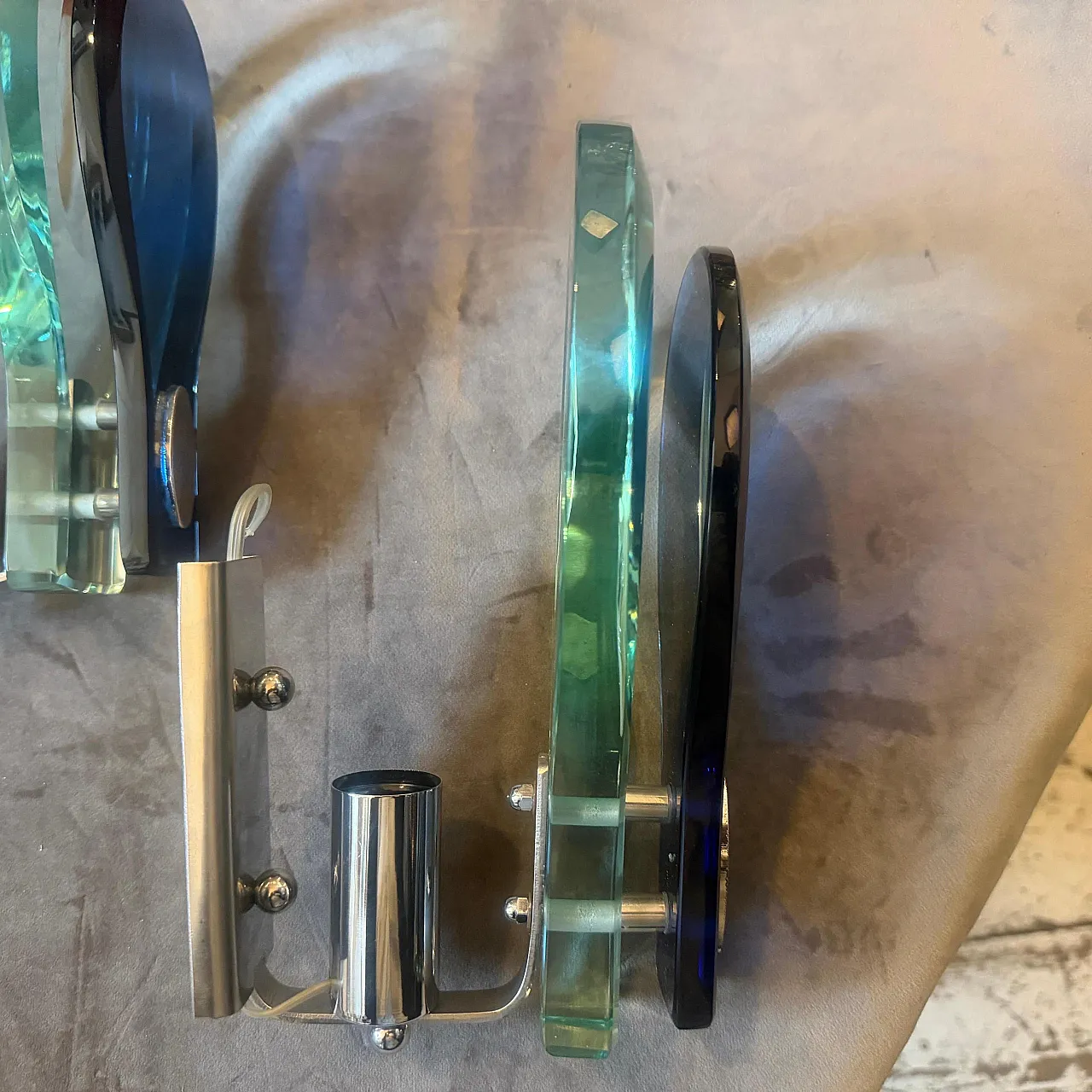 Steel and blue and verde Nilo glass wall sconces by Veca, 1960s 10