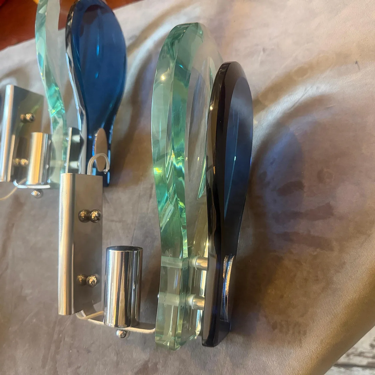 Steel and blue and verde Nilo glass wall sconces by Veca, 1960s 11