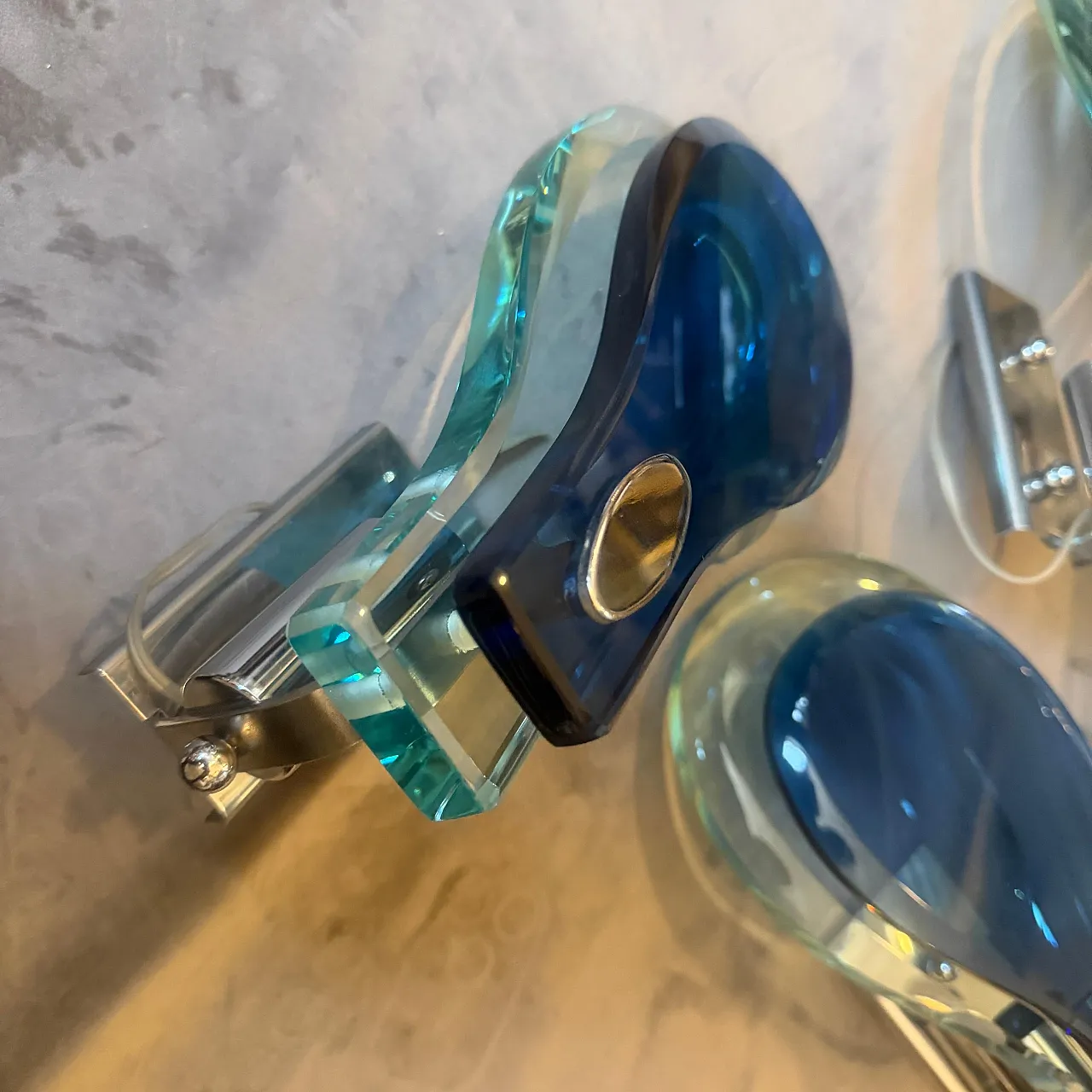 Steel and blue and verde Nilo glass wall sconces by Veca, 1960s 12