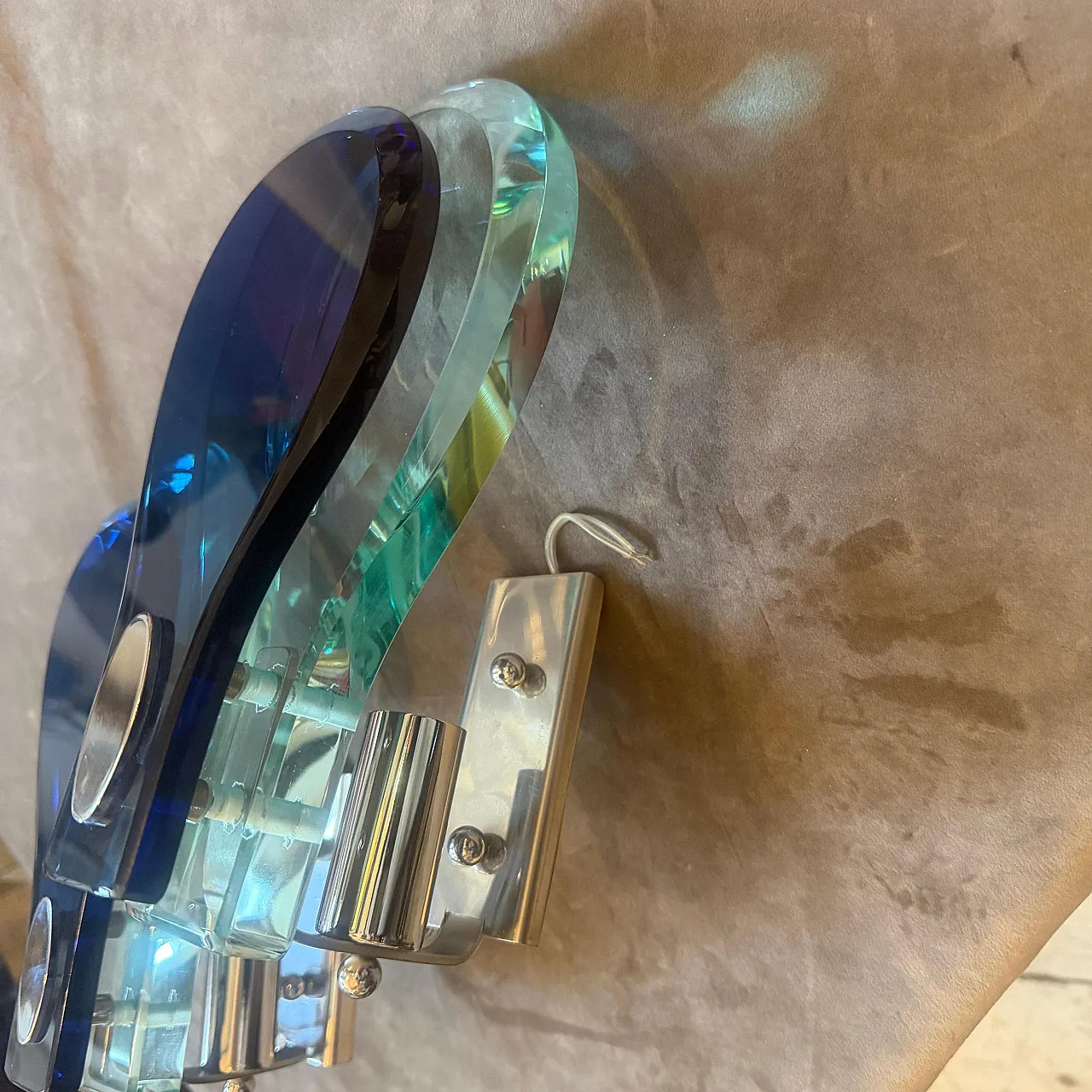 Steel and blue and verde Nilo glass wall sconces by Veca, 1960s 13