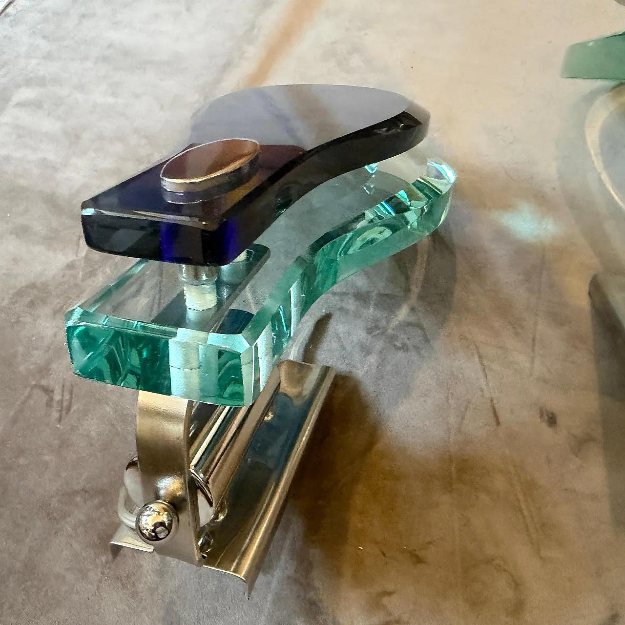 Steel and blue and verde Nilo glass wall sconces by Veca, 1960s 14