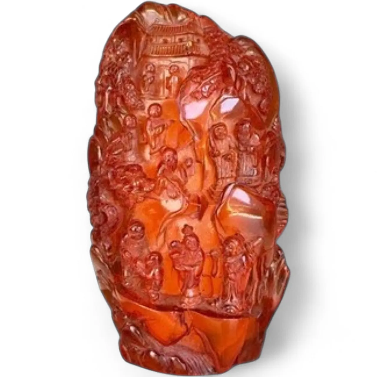 Antico paesaggio cinese scolpito in ambra con Buddha Dinastia Qing 13