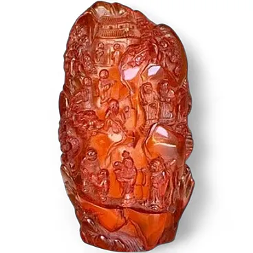 Antico paesaggio cinese scolpito in ambra con Buddha Dinastia Qing