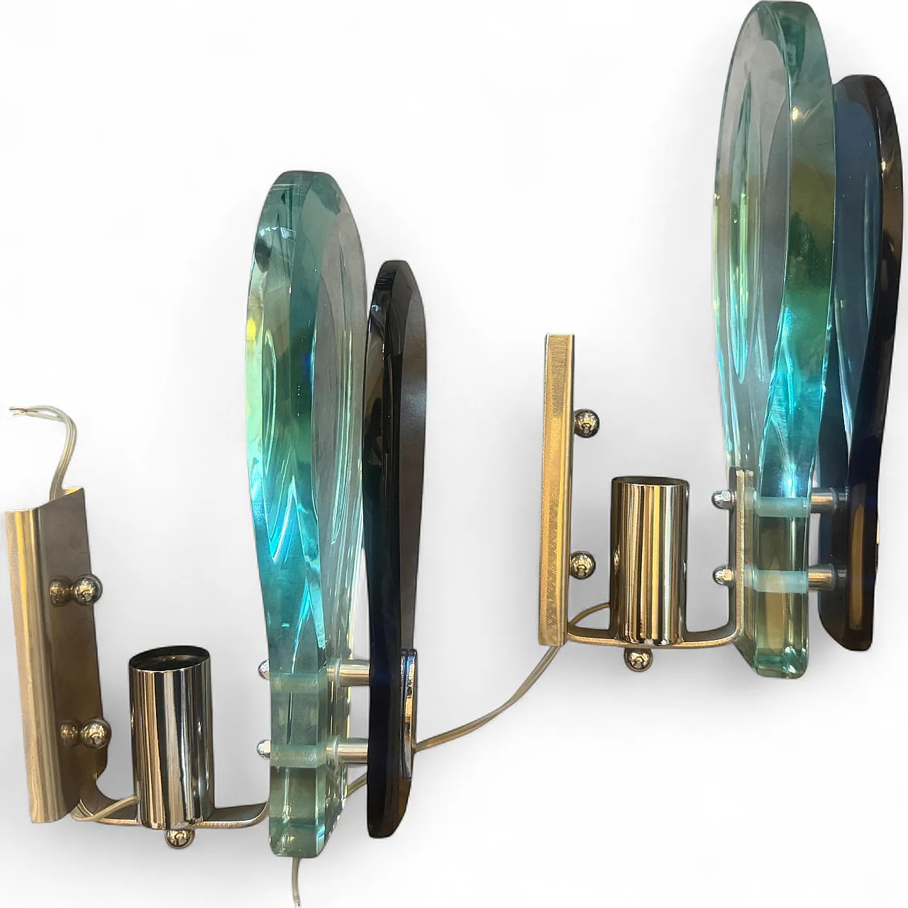 Steel and blue and verde Nilo glass wall sconces by Veca, 1960s 16