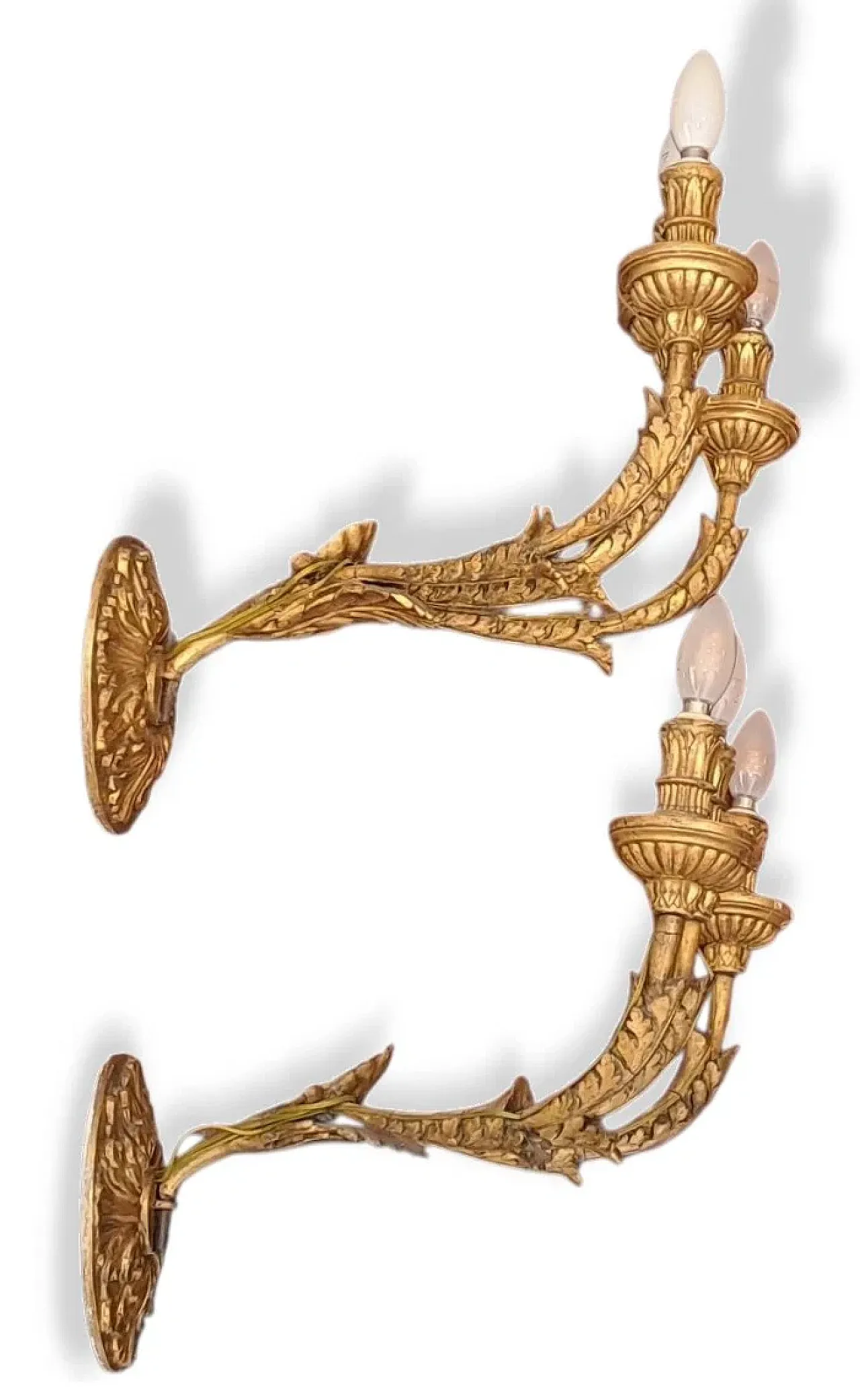 Pair of wall sconces in carved and gilded wood, 19th century 1