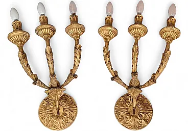 Pair of wall sconces in carved and gilded wood, 19th century
