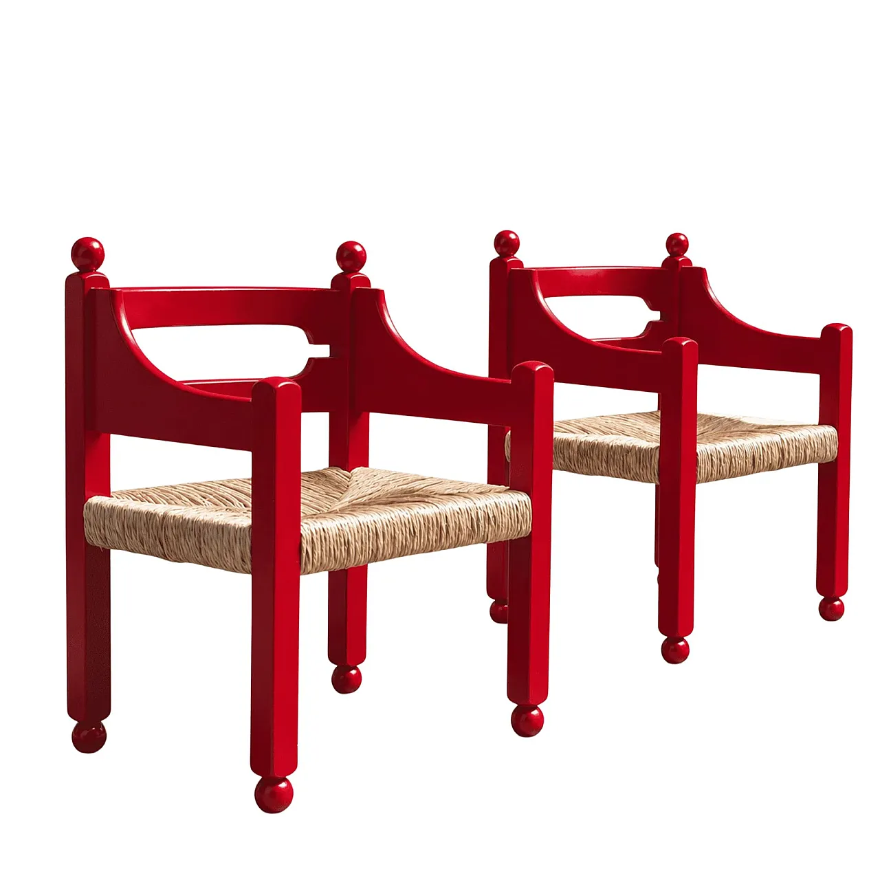 Coppia di poltrone  in legno rosso e paglia, anni ’60 1