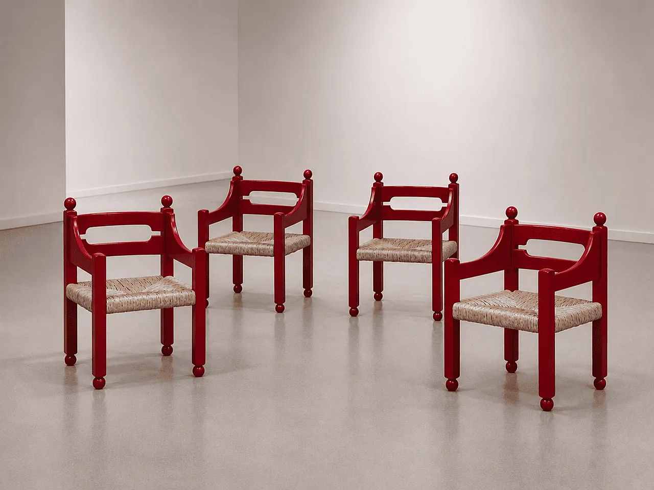 Coppia di poltrone  in legno rosso e paglia, anni ’60 6