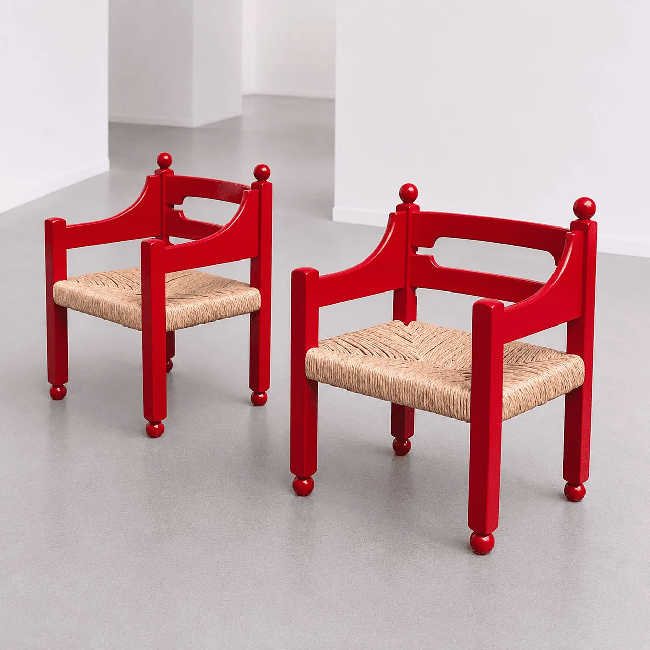 Coppia di poltrone  in legno rosso e paglia, anni ’60 7