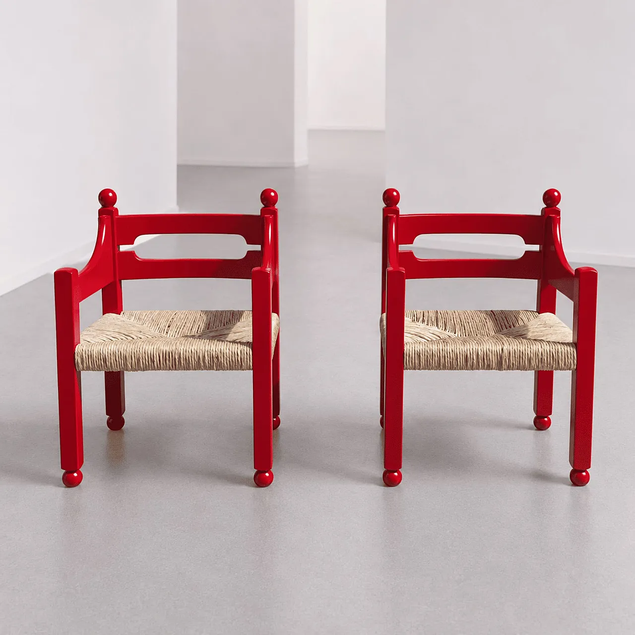 Coppia di poltrone  in legno rosso e paglia, anni ’60 8