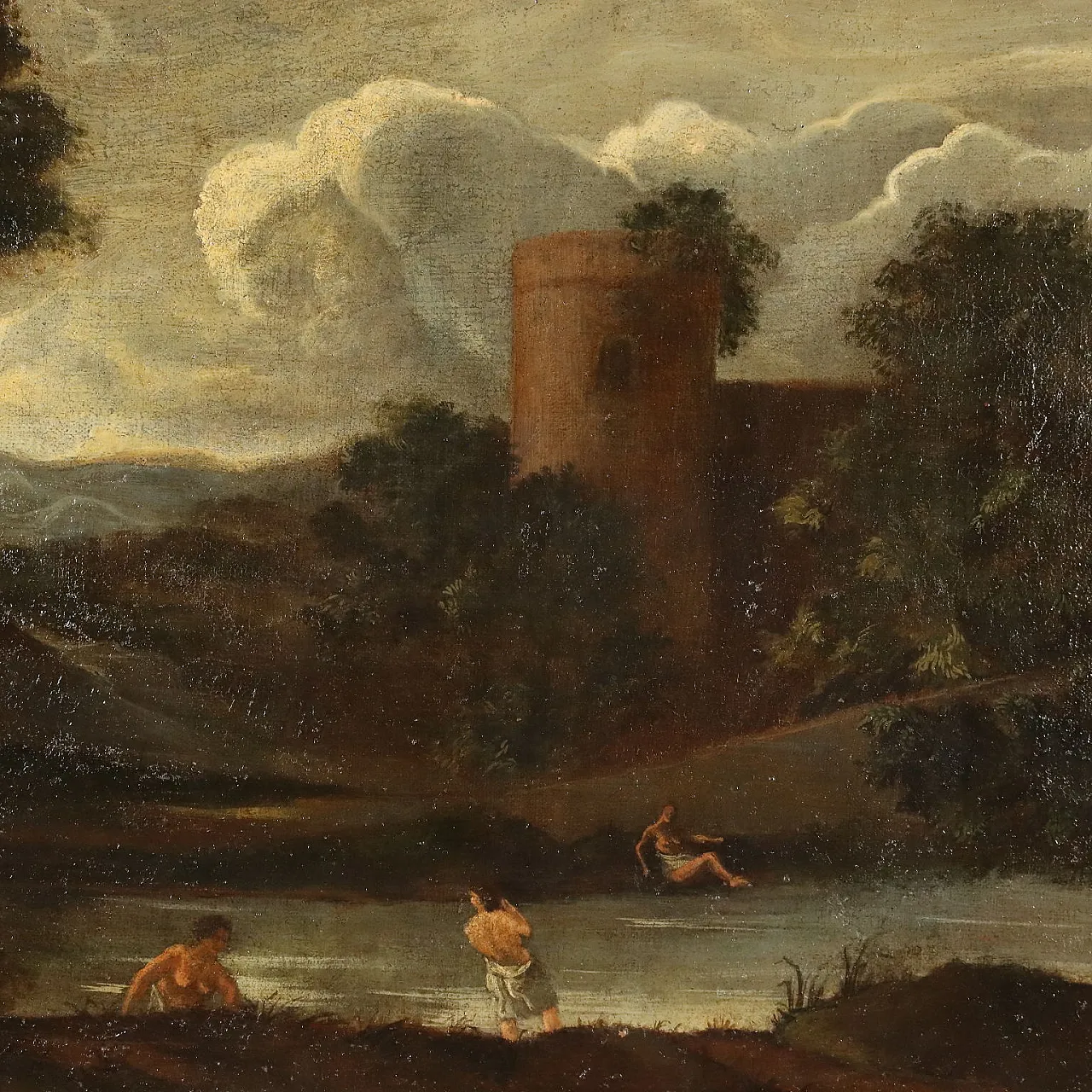 Landscape with Buildings and Bathers, oil on canvas, 18th century 3