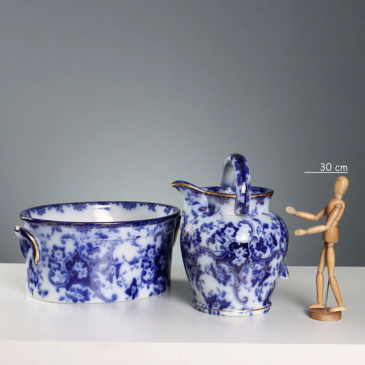 Brocca con catino flow blue in porcellana, '800 2