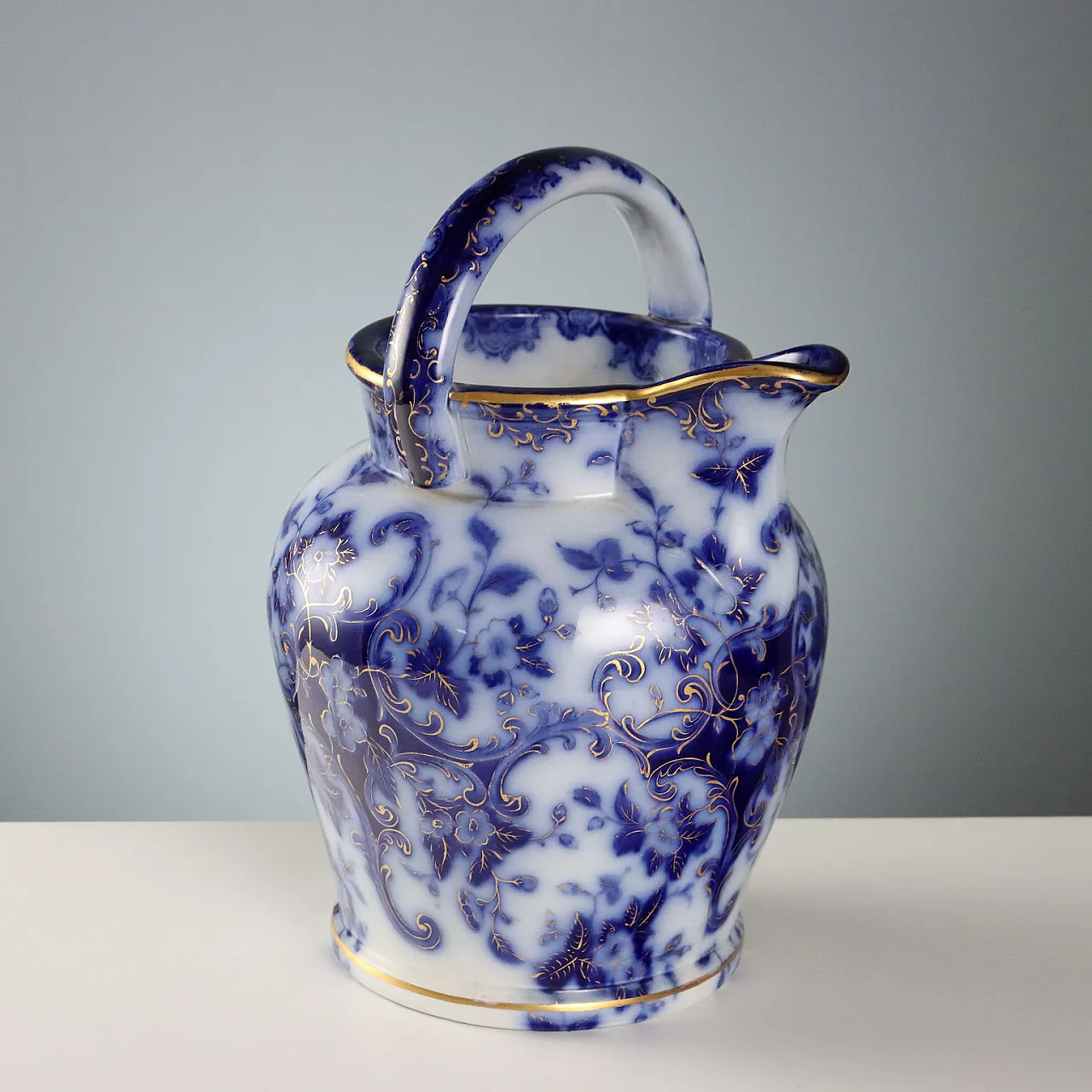 Brocca con catino flow blue in porcellana, '800 3