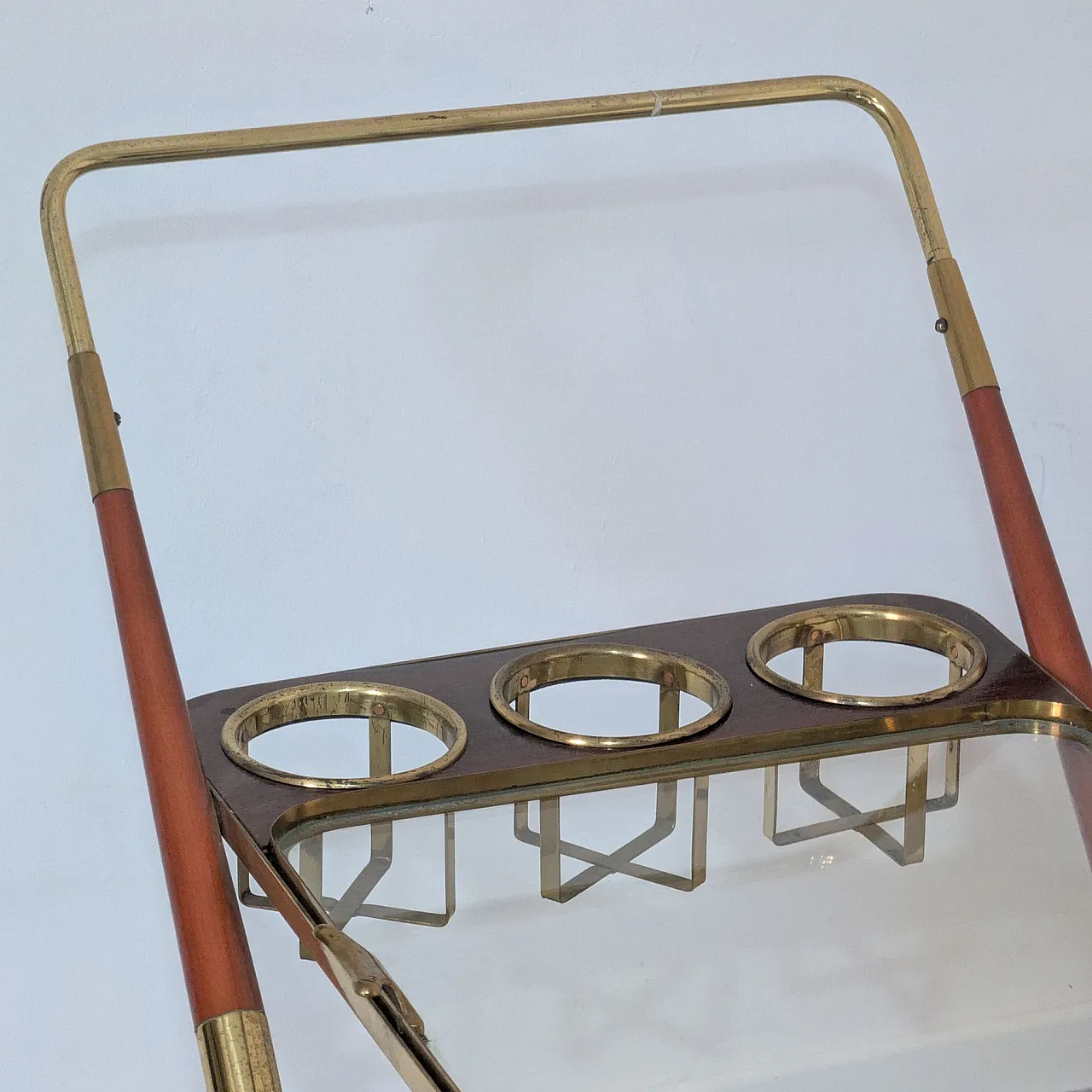 Italian bar trolley in brass, glass and wood by Cesare Lacca, 1950s 4