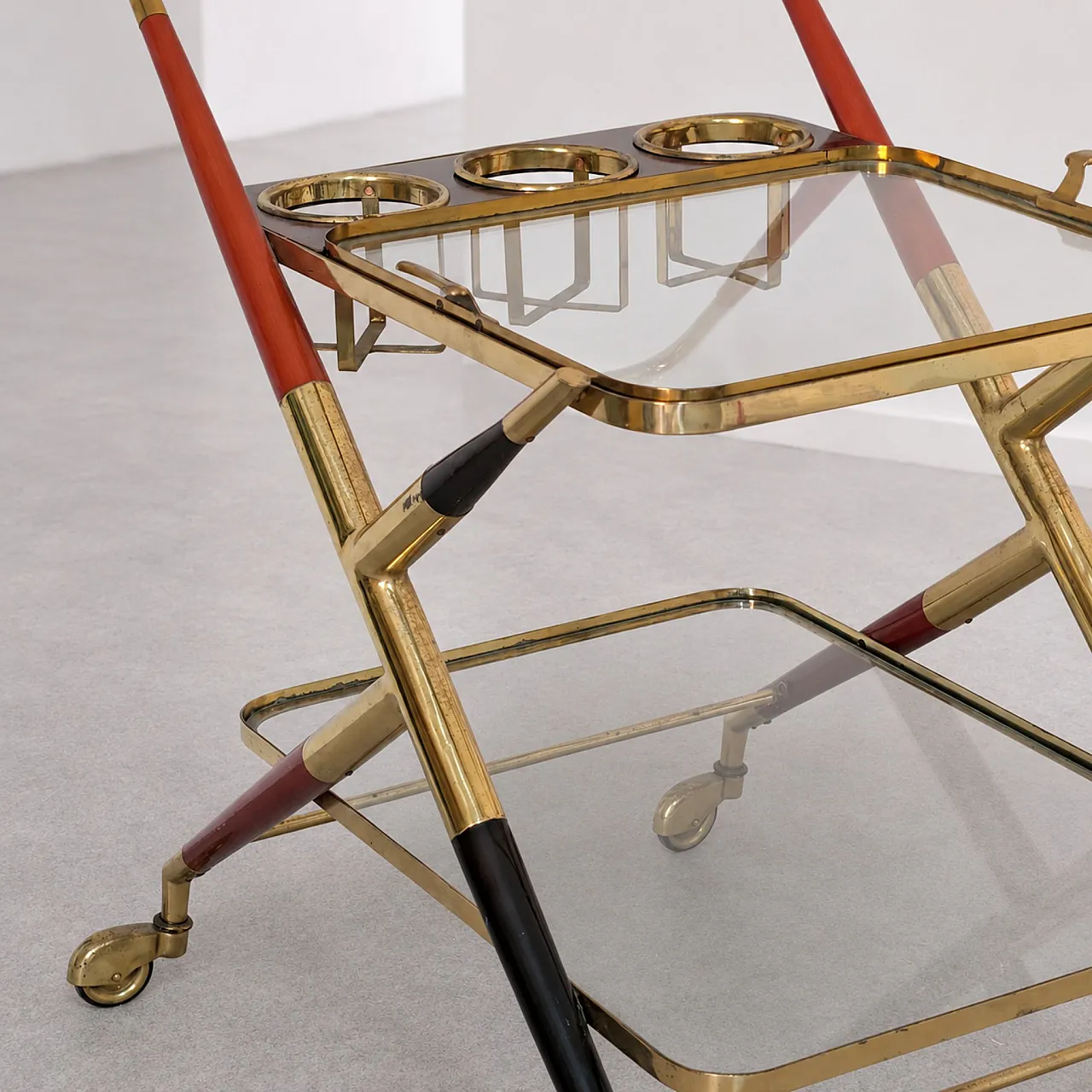 Italian bar trolley in brass, glass and wood by Cesare Lacca, 1950s 5