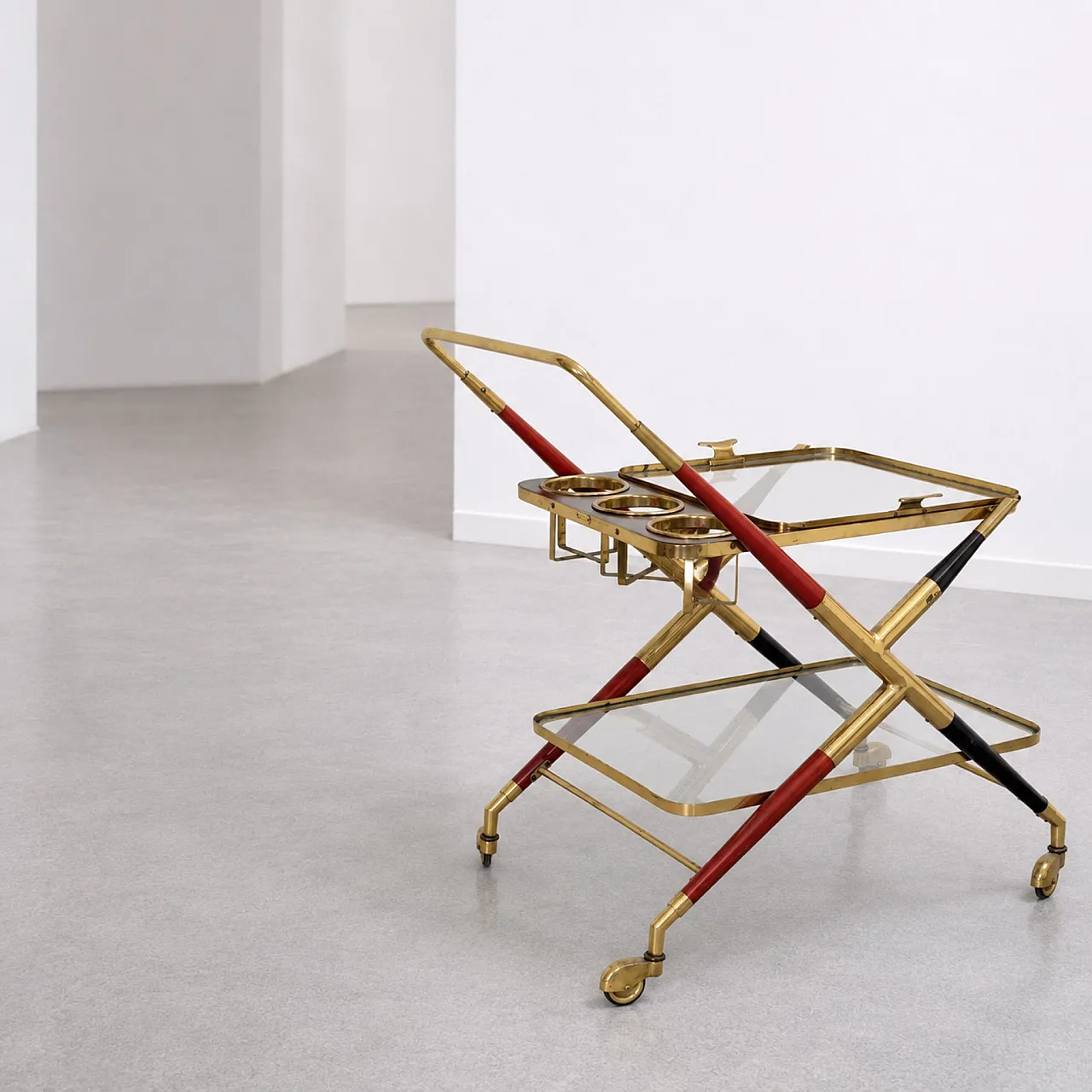 Italian bar trolley in brass, glass and wood by Cesare Lacca, 1950s 6