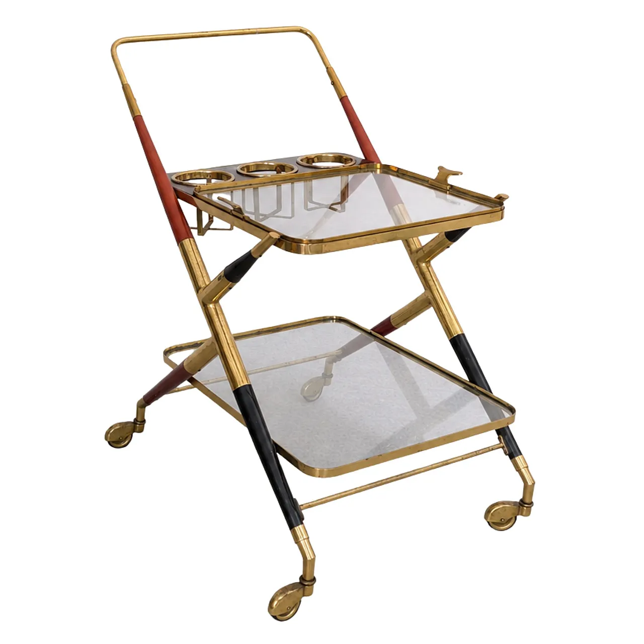Italian bar trolley in brass, glass and wood by Cesare Lacca, 1950s 7