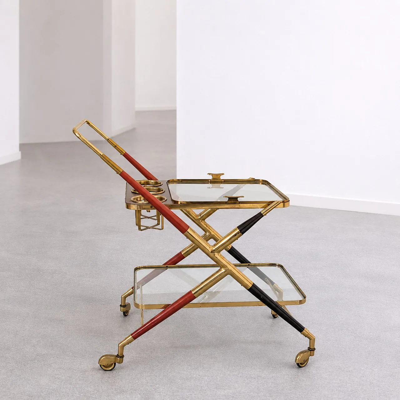 Italian bar trolley in brass, glass and wood by Cesare Lacca, 1950s 8
