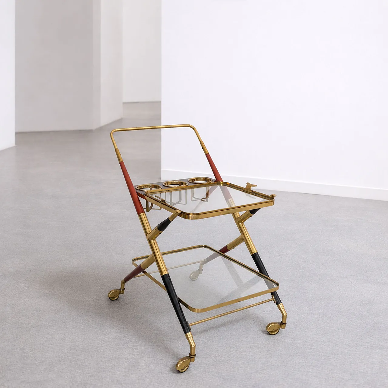 Italian bar trolley in brass, glass and wood by Cesare Lacca, 1950s 9