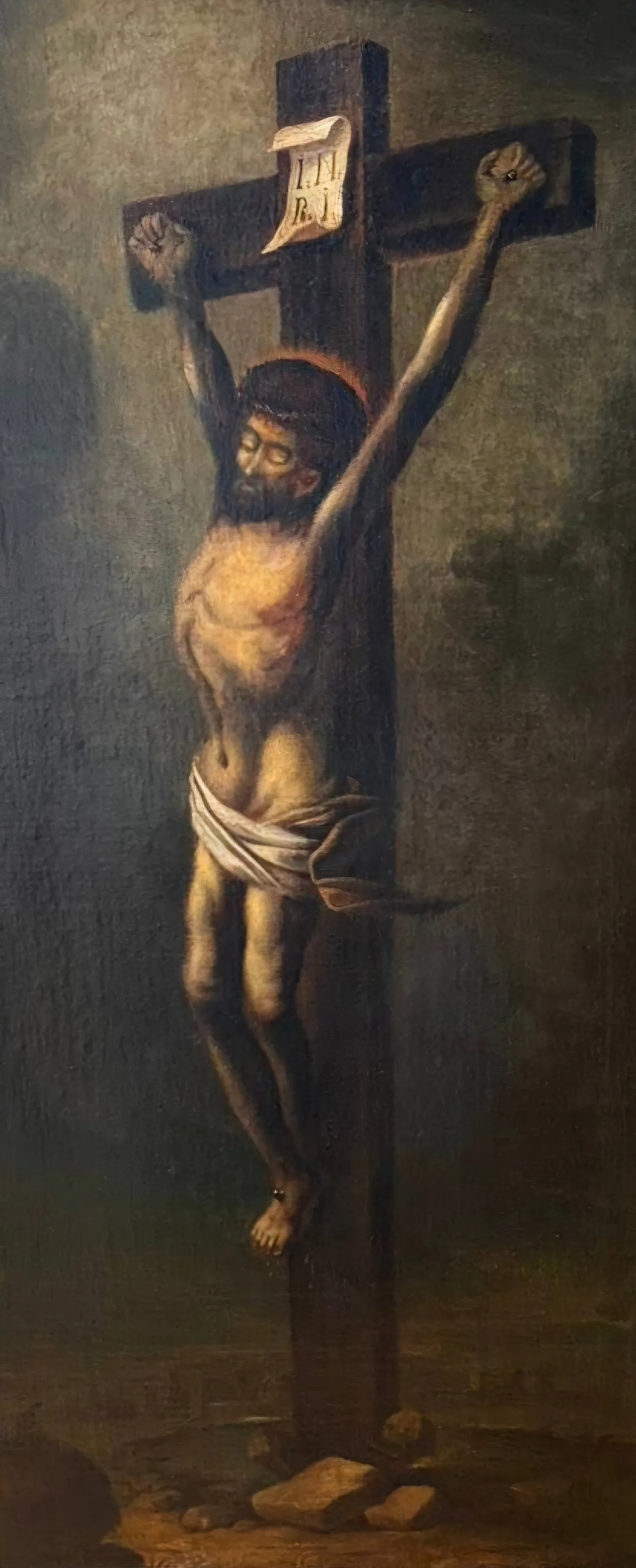 Crocifissione Monogrammata - Scuola Spagnola, Olio su Tela, XVII Secolo 2