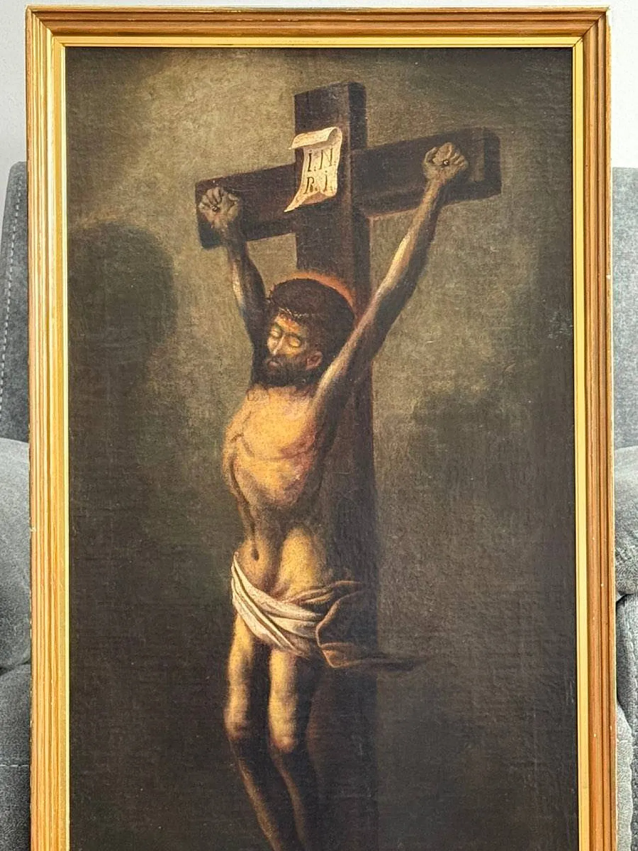 Crocifissione Monogrammata - Scuola Spagnola, Olio su Tela, XVII Secolo 5