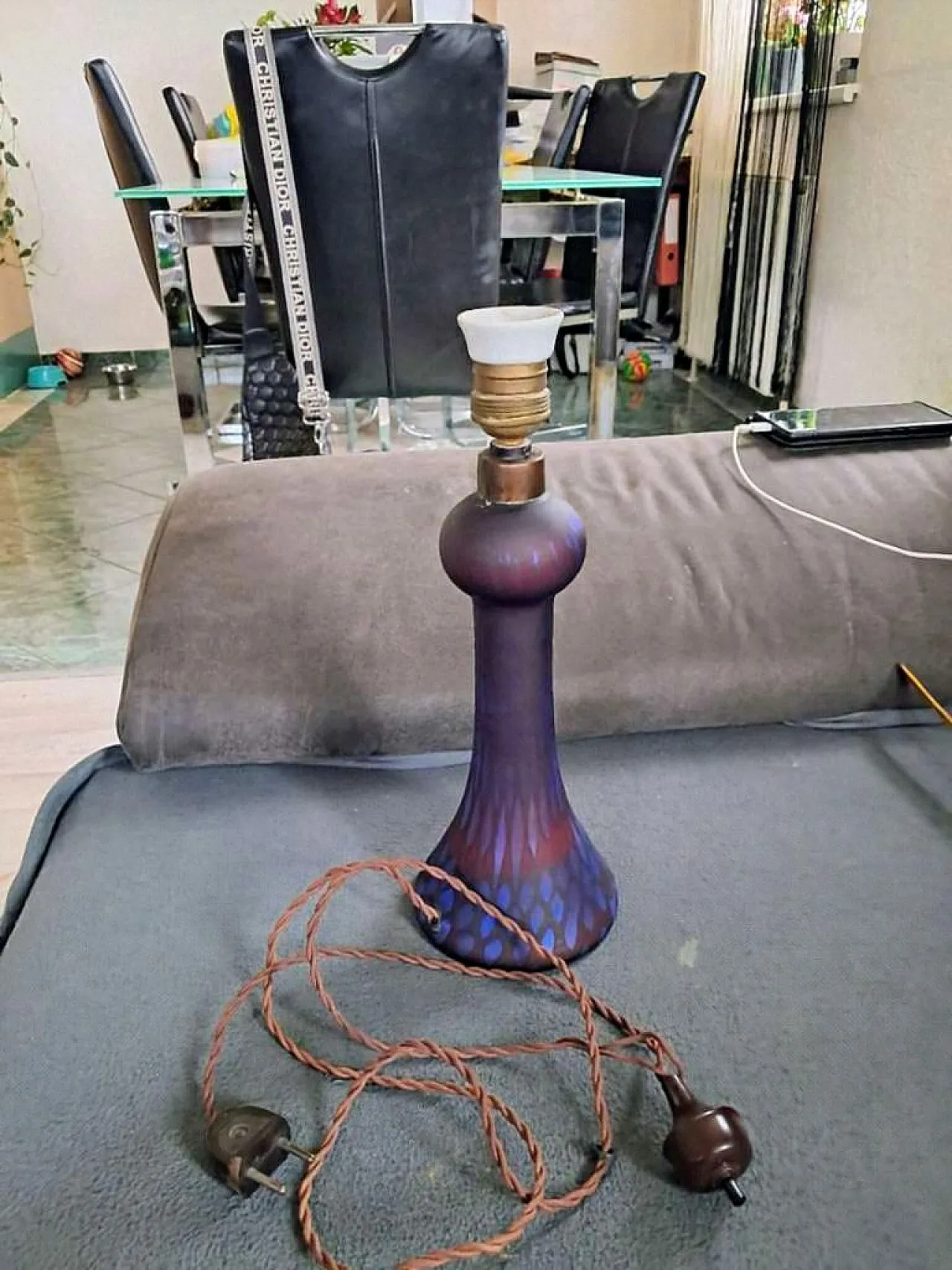 Lampada iridescente con pavone in stile Art Nouveau - Loetz Witwe, inizio XX secolo 2
