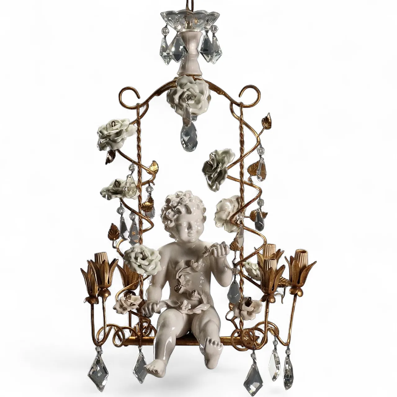 Chandelier in iron and golden sheet metal and ceramic, 20th century 11